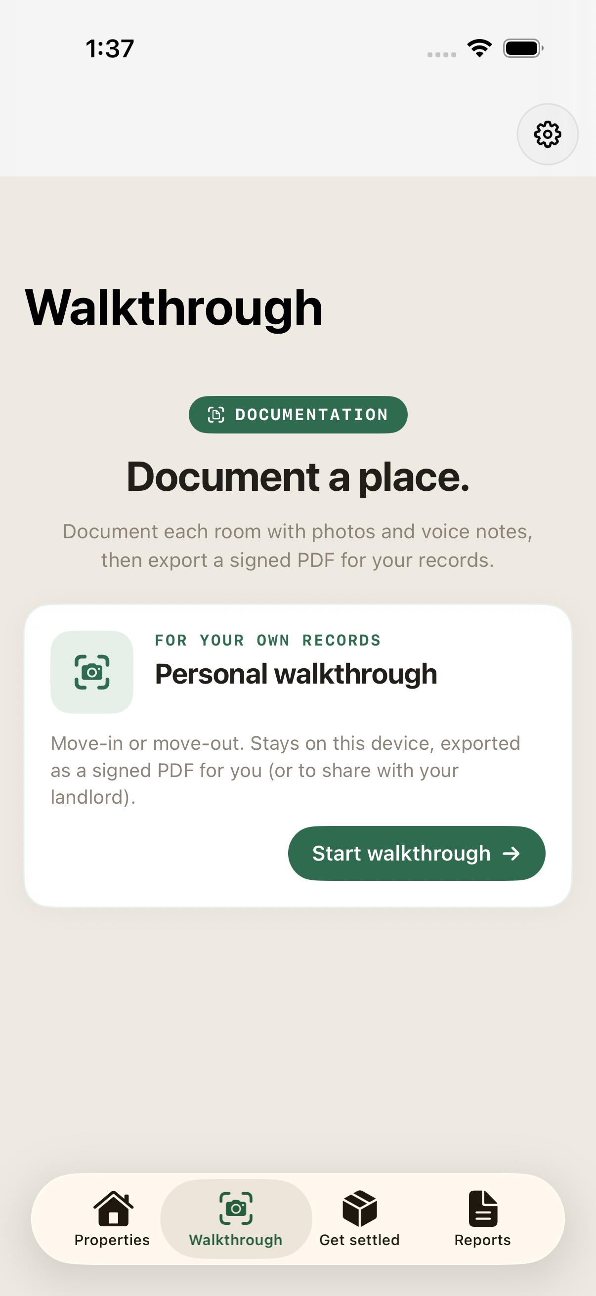 KeyProof’s Walkthrough tab with the Personal walkthrough option for documenting a home.