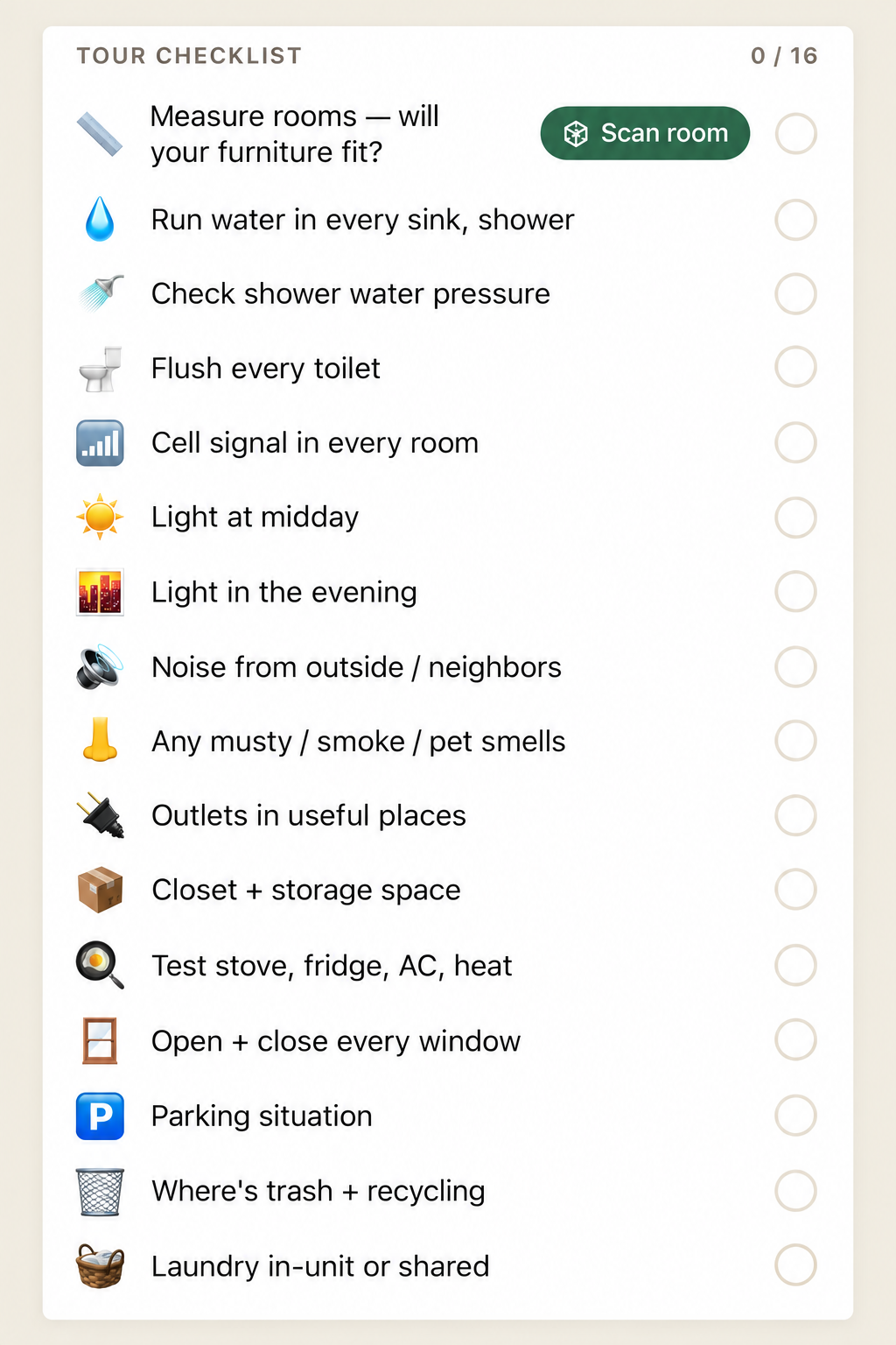 KeyProof’s 16-item rental tour checklist, covering room measurements, plumbing, light, noise, storage, appliances and everyday amenities.